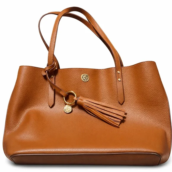👜 Anne Klein Pebbled Leather Tote Bag • Tan / Cognac • Tassel Charm - Picture 1 of 10